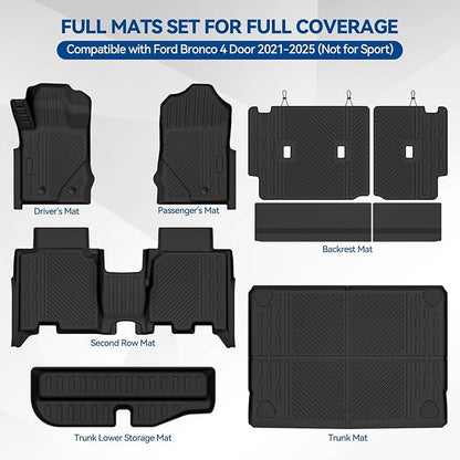 Custom Fit Floor Mats for Ford Bronco 4 Door 2021-2025 (Not for Sport), All Weather TPE Floor Liners & Trunk Mat & Trunk Lower Storage Mat & Backrest Protectors, Full Set Interior Accessories