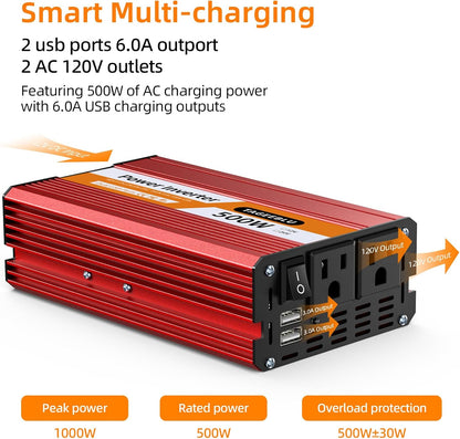 500W Power Inverter DC 12V to 110V/120V AC Car Inverter with 2 x 3.0A USB Ports and Dual AC Outlet, Equipped with 1 Cigarette Lighter and 2 Battery Clamps for Road Trip and Camping