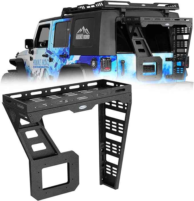 Hooke Road JK Spare Tire Cargo Basket Rack for 2007-2018 Jeep Wrangler JK & Unlimited 2/4 Doors, Rear Steel Storage Tray Luggage Carrier with Reinforced Tailgate Hinge Kit