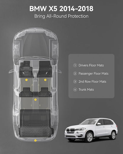 3W BMW X5 Floor Mats & Cargo Liner Fit for BMW X5 2014 2015 2016 2017 2018, TPE All-Weather Custom Fit Full Set Harmless Heavy Duty Floor Liner and Trunk Mat Car Accessories