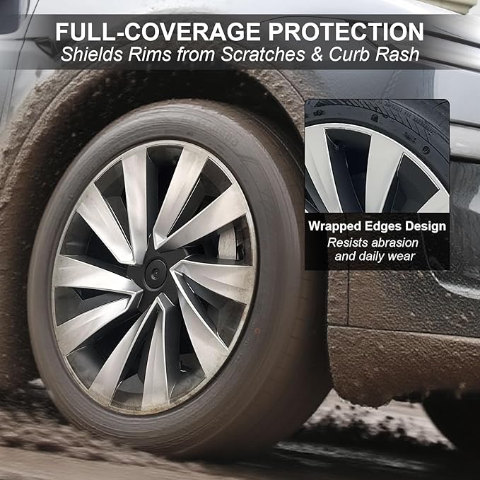 19 Inch Wheel Covers for Tesla Model Y Juniper 2025 2026, 4PCS Spiral Hubcaps Wheel Rim Protectors with Center Caps for Model Y Juniper Accessories, Seamless Fit, Sporty Style, Silver & Black