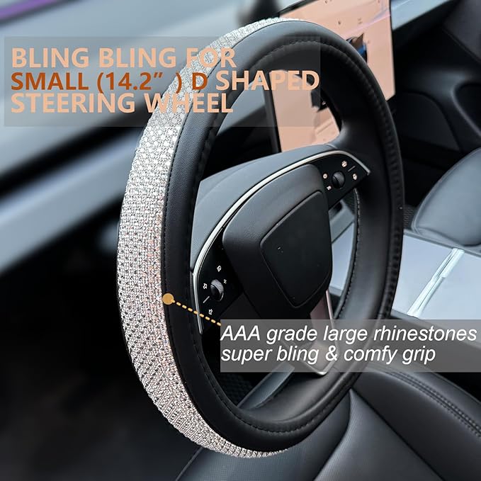 PINCTROT Bling Comfy Steering Wheel Cover for Tesla Model Y/3 Highland/Juniper, D Shaped 14 Inch Small Sized with Jumbo Crystal Rhinestones, Flat Bottom with Anti-Slip Diamond Leather (Silver)