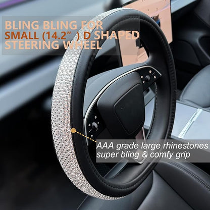 PINCTROT Bling Comfy Steering Wheel Cover for Tesla Model Y/3 Highland/Juniper, D Shaped 14 Inch Small Sized with Jumbo Crystal Rhinestones, Flat Bottom with Anti-Slip Diamond Leather (Silver)