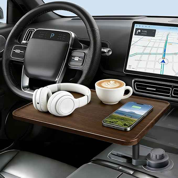 Car Desk for Laptop, 360° Rotation Cup Holder Table, Car Table & Car Food Tray for Tesla Model Y/3, F-150/Ram 1500/GMC Sierra 1500 & Most Vehicles, Car Accessories for Women & Men(Long Pole)