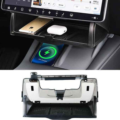 Tesla Hidden Under Screen Storage Box [One-tap Open & Smooth Damping Slides] Center Console Organizer for Model Y Juniper Model 3 Highland 2026~2016 (Fit New Model Y/3 Standard, Premium & Performance