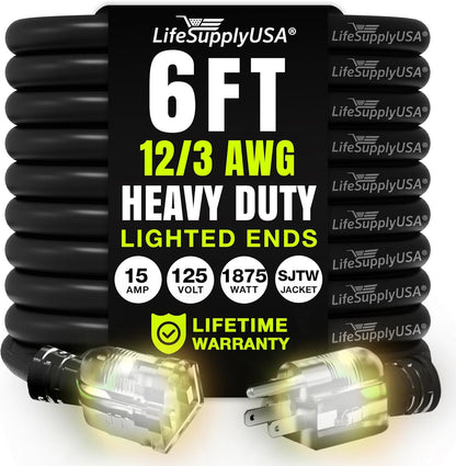 6ft Outdoor/Indoor Extension Cord 12/3 Gauge Extra Heavy Duty 3 Prong SJTW, Waterproof, Flexible Cold-Resistant Long Power Cord,15A 125V 1875W, Black by LifeSupplyUSA