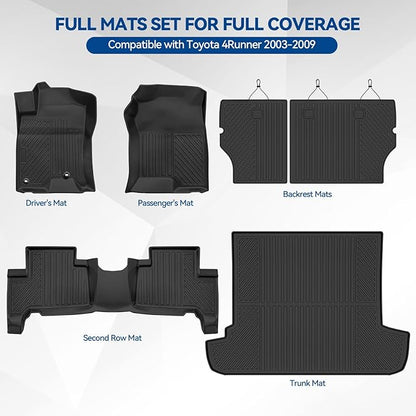 Custom Fit Floor Mats for Toyota 4Runner 2003-2009, All Weather TPE Floor Liners with Trunk Mat & Backrest Protectors, Odorless Full Set Interior Accessories