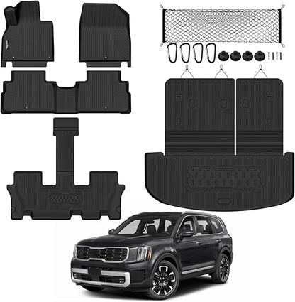 Tongama-Floor Mats for 2020-2025 Kia Telluride, All Weather TPE Trunk Mat with Backrest Mat and Cargo Net for Kia Telluride Floor Liner Accessories