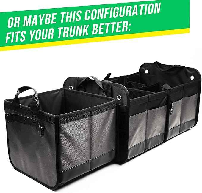 3-Section Modular Trunk Organizer XL – Car Storage for Groceries, Cleaning Supplies, Tools, Sports Gear – Foldable L-Shape Cargo Bin – Gray