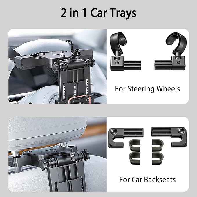 2-in-1 Car Steering Wheel Tray & Back Seat Headrest Tray with Phone Holder, Steering Wheel Desk Food Table for Car Laptop Mount Steering Wheel for Large SUVs, Trucks & Vans