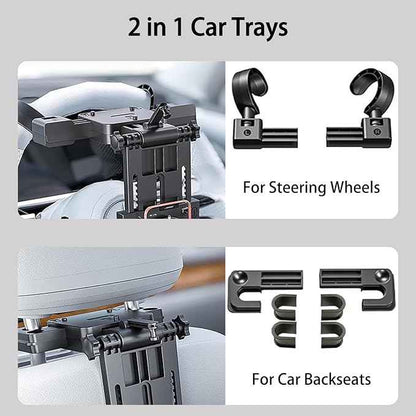2-in-1 Car Steering Wheel Tray & Back Seat Headrest Tray with Phone Holder, Steering Wheel Desk Food Table for Car Laptop Mount Steering Wheel for Large SUVs, Trucks & Vans