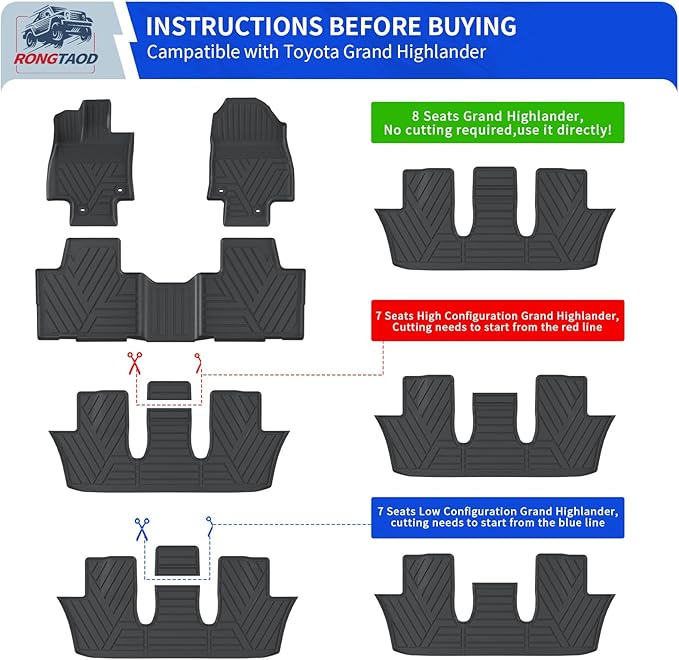 Rongtaod Floor Mats Compatible with 2024 2025 2026 Toyota Grand Highlander Cargo Mat Cargo Liner Trunk Mat Back Seat Protector Grand Highlander Accessories (Trunk Mat with Backrest Mat+Floor Mats)