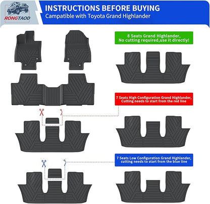 Rongtaod Floor Mats Compatible with 2024 2025 2026 Toyota Grand Highlander Cargo Mat Cargo Liner Trunk Mat Back Seat Protector Grand Highlander Accessories (Trunk Mat with Backrest Mat+Floor Mats)