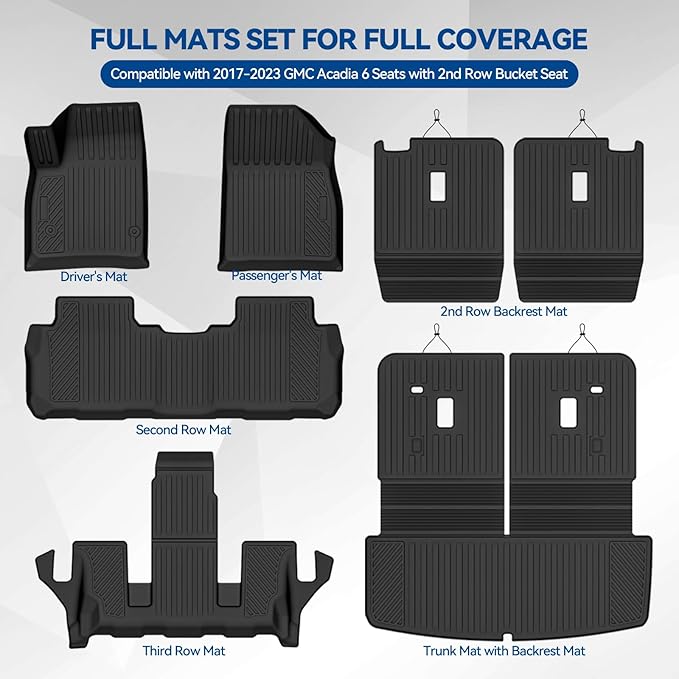 Custom Fit Floor Mats for 2017-2023 GMC Acadia 6 Seats with 2nd Row Bucket Seat, All Weather TPE Floor Liners with Trunk Mat & Backrest Protectors, Odorless Full Set Interior Accessories