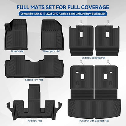Custom Fit Floor Mats for 2017-2023 GMC Acadia 6 Seats with 2nd Row Bucket Seat, All Weather TPE Floor Liners with Trunk Mat & Backrest Protectors, Odorless Full Set Interior Accessories