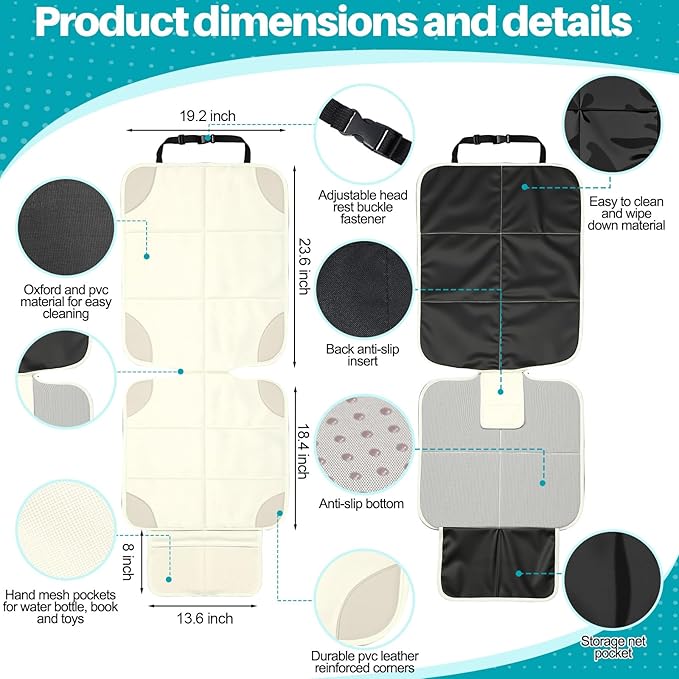 Aurelema 2 Pcs Car Seat Protector with Non-Slip Backing and Mesh Pockets 600d Fabric Child Car Seat Covers Waterproof, Durable for Baby and Pet, Sedan SUV Truck (Beige)