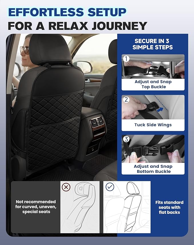 Seat Back Protectors for Kids, Car Kick Mats for Back of Front Seats with Large Pocket Organizer, Waterproof, Protects Against Dirt, Scuffs & Scratches, Fits Most Vehicles, 2PCS (Black)