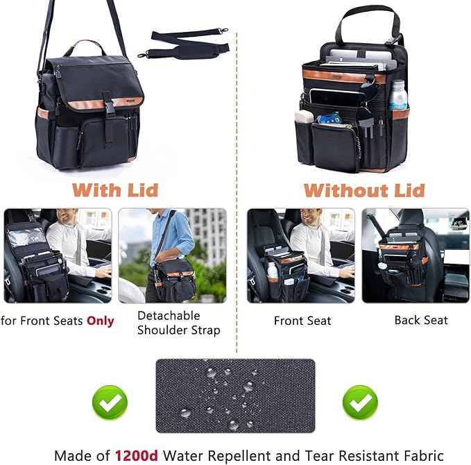 Car Seat Organizer with Lid and Laptop Compartment (Fits 15.6"), Front Seat Passenger Organizer with Adjustable Strap, Multiple Pockets, Portable Office Bag, Water-Resistant 1200D Polyester