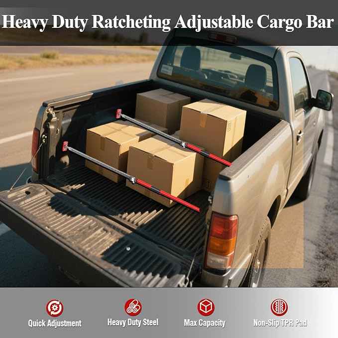 3-H Truck Cargo Bar, 43"-77" Adjustable Support Pole All Metal,Cabinet Jack,Truck Bed Divider with Self-Locking Spring Ratchet - Load Lock Bar for Vans, SUVs & Trucks,Red,1pc
