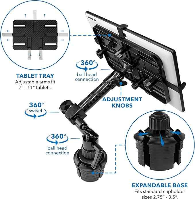 Mount-It! Carbon Fiber Cup Holder Tablet Mount Tablet Holder for Car Truck SUV, Adjustable 7–11 Inch iPad & Tablets, 18" Extension Arm, 360° Rotation, Fits 2.75"–3.5" Cupholders, ELD GPS Holder
