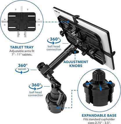 Mount-It! Carbon Fiber Cup Holder Tablet Mount Tablet Holder for Car Truck SUV, Adjustable 7–11 Inch iPad & Tablets, 18" Extension Arm, 360° Rotation, Fits 2.75"–3.5" Cupholders, ELD GPS Holder