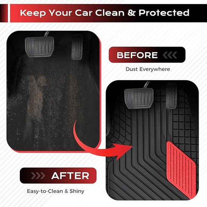 Coverado Heavy-Duty PVC Car Floor Mats Full Set – Red Metallic Heel Pad, All-Weather Protection for Front & Rear, Non-Slip Backing, Easy-to-Clean Liners, 4 Pcs