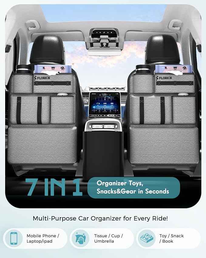 FLORICH PU-Coated Fabric Car Backseat Organizer, Durable Large capaity Seat Back Organizer and Storage with 6 Pocket, Kick Mats Back Seat Protector for Kids Universal Fit