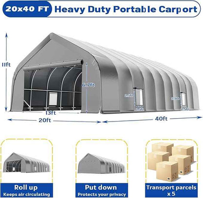 EROMMY 20x40 FT Heavy Duty Durable Carport, Silver Gray, Galvanized Steel Frame Garage Shelter and Outdoor Storage, Waterproof 3-Layer PE Cover, Fits 4 Cars, Boat, Farm Equipment