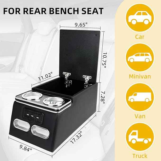 Universal Truck Seat Organizer with Padded Armrest Lid | Features 3 USB Ports, 2 Drawers & Cup Holders | Extra Storage for Car, SUV & Van