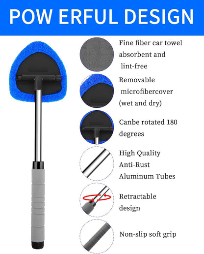 Auto Window Cleaning Tool, Retractable Windshield Cleaner Wand, Car Window Glass Cleaning, Double Sided car Window Cleaner, Microfiber Mirror Cleaning Tool kit. Car Interior Cleaning. (Blue)