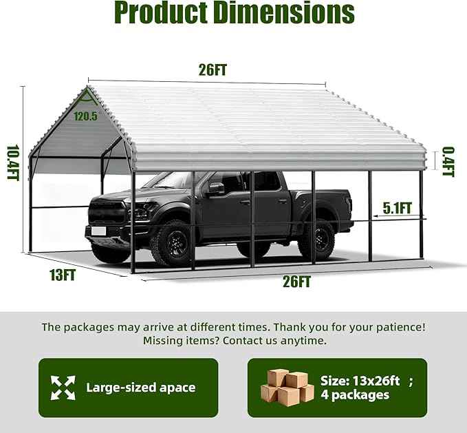 Metal Carport Heavy Duty 13x26ft Outdoor Galvanized Steel Car Port, Vehicle Canopy Garage Shade, Multi-Use Shelter for Car, Boat, Tractors & Outdoor Storage