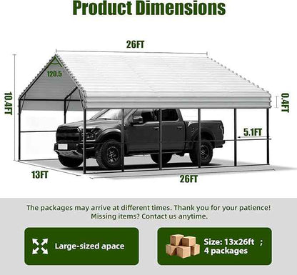 Metal Carport Heavy Duty 13x26ft Outdoor Galvanized Steel Car Port, Vehicle Canopy Garage Shade, Multi-Use Shelter for Car, Boat, Tractors & Outdoor Storage