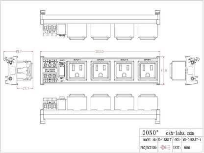 DIN Rail Mount AC 120V NEMA 5-15R 4 Receptacles Outlet Power Strip Module, with Rocker Switch Thermal Circuit Breaker Overload Protector