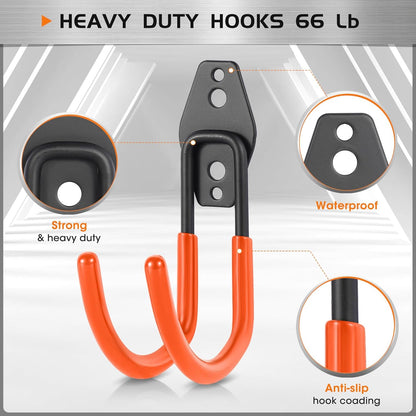 Upgraded Garage Hooks, 6 Pack Heavy Duty Wall Mount Steel Utility Hooks, Storage System Hooks for Power Tools, Garden Hose, Ladder, Bike, Cords, and More
