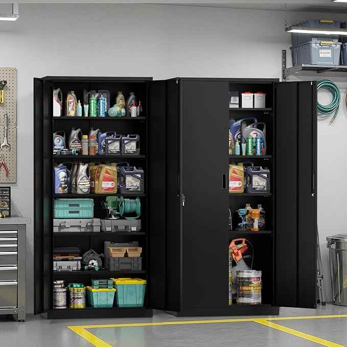 VINGLI Metal Garage Storage Cabinet with 2 Doors and 5 Adjustable Shelves, 71" Tall Steel Lockable File Cabinet, Locking Tool Cabinets for Home Office Garage Gym School (Black)