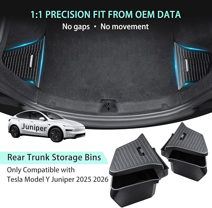 Trunk Storage Bins Trunk Organizer Designed for 2025 2026 Tesla Model Y Juniper 5-Seater, 2PCS Large-Capacity Rear Side Storage Boxes with Under-Panel Compartment for Model Y Juniper Accessories
