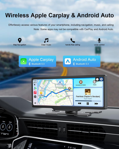 Portable Carplay Screen 10.26'' HD IPS Apple Carplay & Android Auto Screen for Car, Wireless Car Play Stereo with 4K Dash Cam/1080P Rear Camera, Car Audio Receivers,GPS Navigation,Mirror Link,FM,Siri