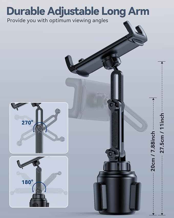 Cup Holder Tablet Mount for Car, Universal iPad Cup Holder Mount for Truck with Adjustable Arm for iPad Pro 12.9/11/10.5/9.7/Air/Mini, iPhone, Samsung Galaxy Tab/Z Fold 4/3, 4.7-13" Tablets