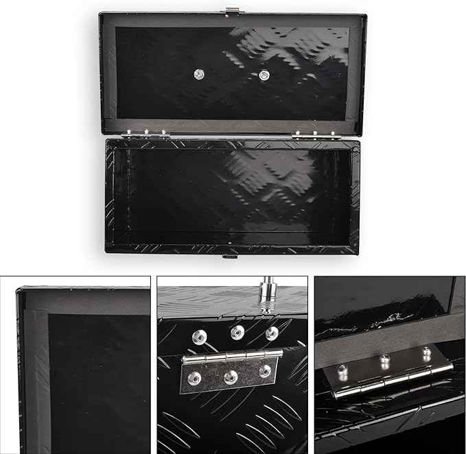 16 Inch Black Aluminum Tool Box 5 Bar Tread ToolBox for Truck Bed Car Outdoor Trailer Pickup Underbody RV ATV Storage Underbed Tools Organizer with Top Side Handle and Lock (16"X7.5"X10")