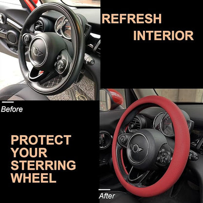 PINCTROT Nappa Leather Steering Wheel Cover, Slim Fit No Bulk Design, One Piece Leather with Breathable Perforation, Fit Like Gloves, Universal 14.5-15 Inch(Nappa Rust Red)