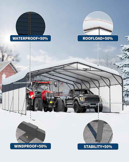 20x25FT Metal Carport Heavy-Duty Build with LED Light & Galvanized Steel Roof, Reinforced Stable Structure with Removable PE Sidewalls, Spacious Versatile Shelter for Cars, Boats, and Events
