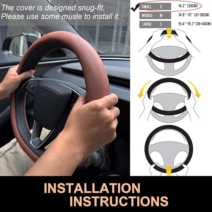 PINCTROT Nappa Leather Steering Wheel Cover for Tesla Model Y/3 Highland/Juniper, D Shaped 14 Inch Small Sized with Breathable Perforation, Fit Like Gloves, Flat Bottom 14 Inch(Nappa Brown)