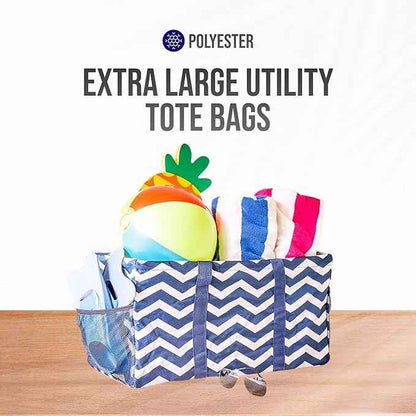 Extra Large Utility Tote Bag, Oversized Collapsible Reusable Wire Frame Rectangular Canvas Basket With Two Exterior Pockets For Beach, Pool, Laundry, Car Trunk, Storage - Chevron Navy