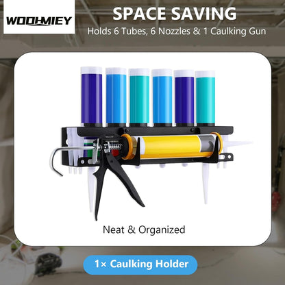 Caulking Tool Holder,Caulking Tool Storage Rack,Wall Mounted Caulk Tube Holder Sealant Organizer with 6 Tube Slots and 6 Nozzle Slots for Garage Workshop Shop