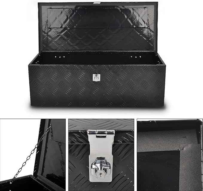 30 Inch Black Aluminum Tool Box 5 Bar Tread Chest Box Flatbox for Truck Car Outdoor Trailer Pickup Underbody RV ATV Storage Bed ToolBox w/Lock Side and Keys(30"X13"X10"),Black-30 Inch