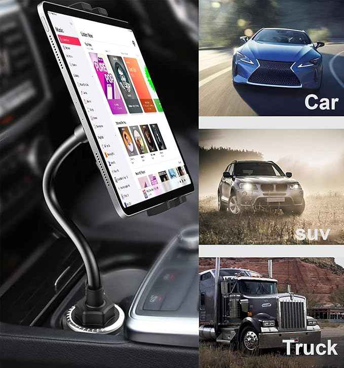 Gooseneck Car Cup Holder Tablet Mount, Truck Tablet Holder Cupholder Mount [Flexible Stable Long Arm] for 4-12.9" Tablets & Phones, iPad Pro/Air/Mini, Galaxy Tab, Huawei, iPhone Series