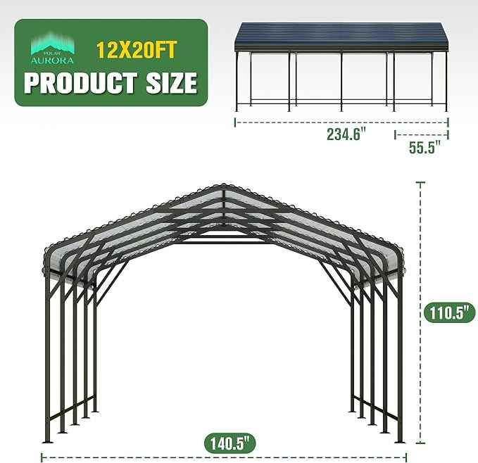 Polar Aurora 12x20 FT Metal Carport, Heavy Duty Car Port Canopy with Galvanized Reinforced Frame, Outdoor Car Garage Shelter for Car, Boats and Truck