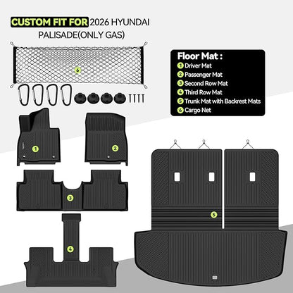 Tongama-Floor Mats for 2026 Hyundai Palisade(Only Gas), All Weather TPE Trunk Mat with Backrest Mat and Cargo Net for Hyundai Palisade Floor Liner Accessories