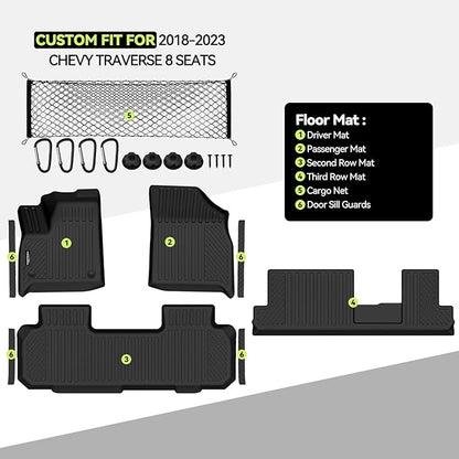 Tongama-Floor Mats for 2018-2023 Chevy Traverse/Buick Enclave 8 Seat with Bench Seats, All Weather TPE Floor Liner & Cargo Net & Door Sill Guards for Traverse/Enclave Accessories