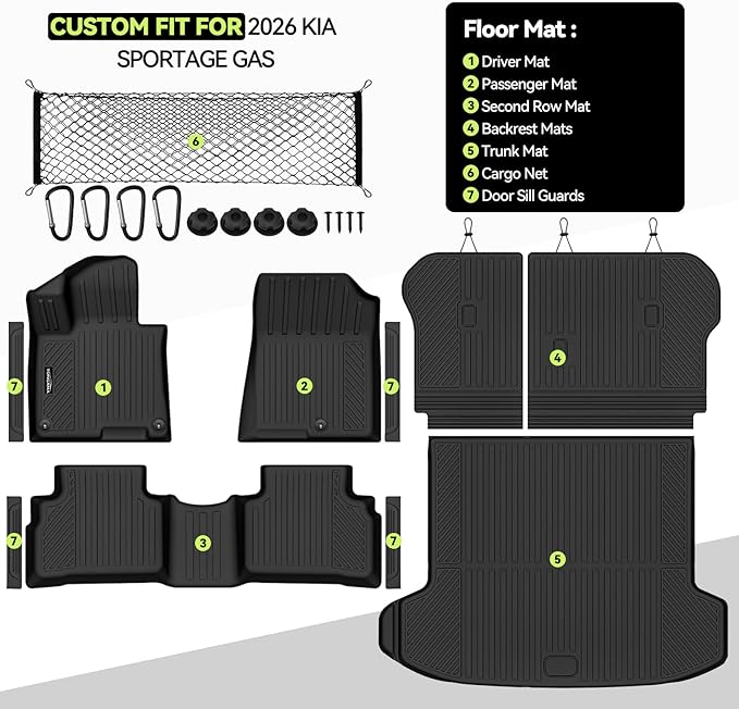 Tongama-Floor Mats for 2026 Kia Sportage Gas, All Weather TPE Trunk Mat and Backrest Mats Protector and Cargo Net and Door Sill Guards for Kia Sportage Floor Liner Accessories